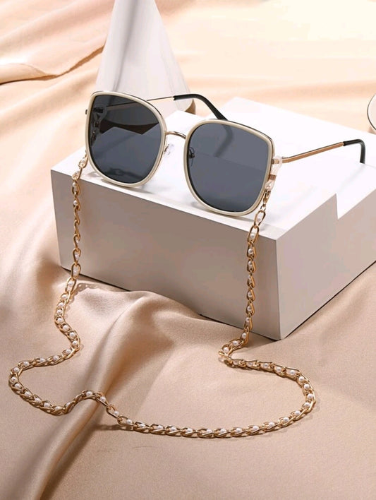 Square Frame Sunglasses With Faux Pearl Decor Sunglasses Chain