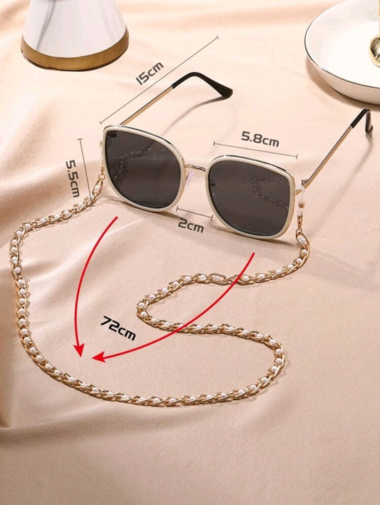 Square Frame Sunglasses With Faux Pearl Decor Sunglasses Chain