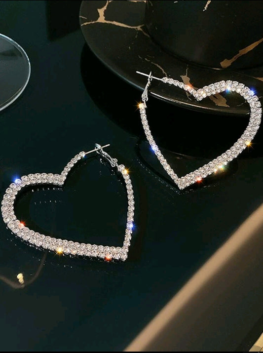 Rhinestone Heart Shaped Hoop Earrings-Siver