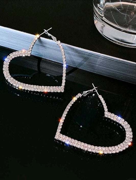 Rhinestone Heart Shaped Hoop Earrings-Siver