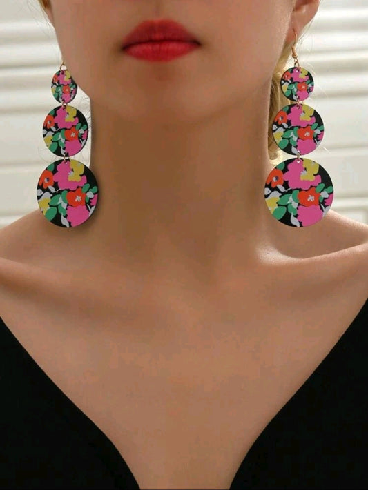 Acetic Acid Floral Pattern Round Drop Earrings