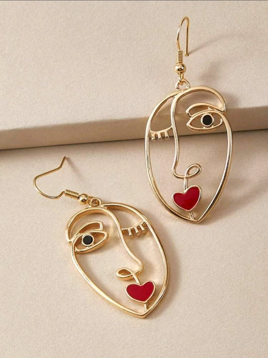 Hollow Out  Abstract Face Design Drop Earrings-Gold